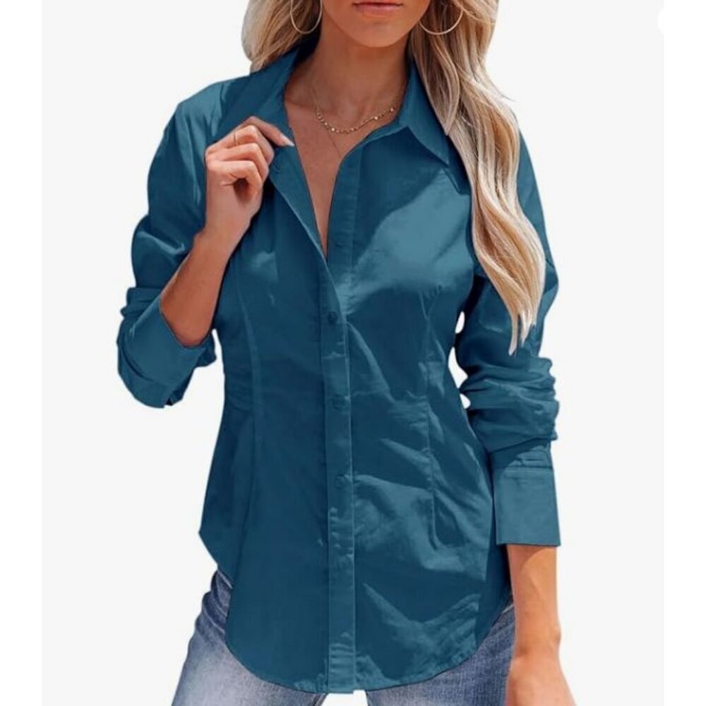 2 Lot Button Up Dress Shirt Women M Long Sleeve Wrinkle Free Collared Siliteelon